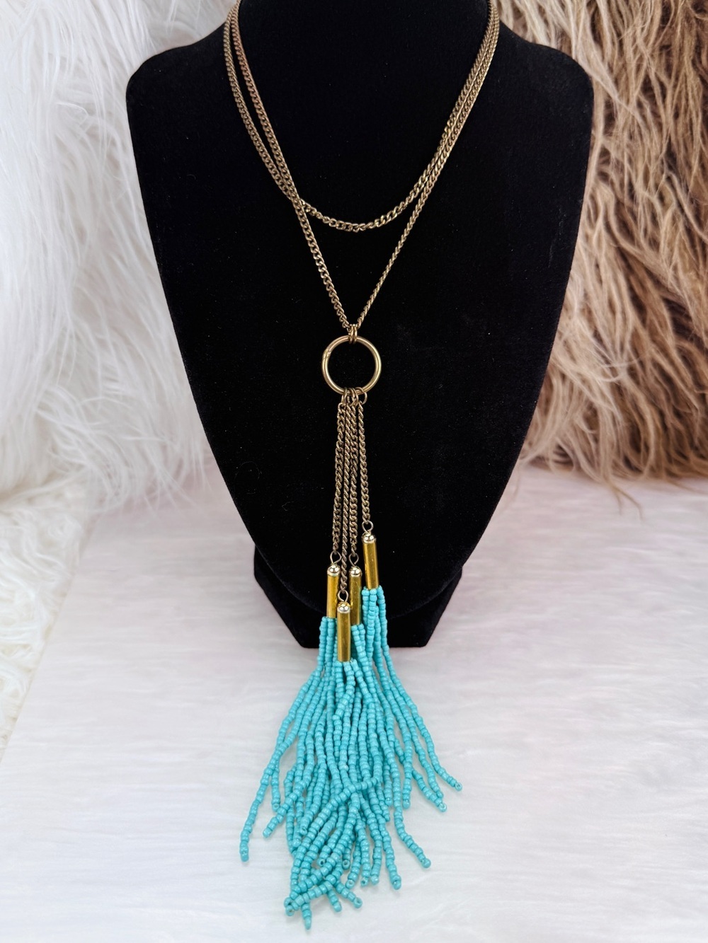 Turquoise Blue Seed Bead Tassel Necklace Bronze Tone Boho Fringe Statement